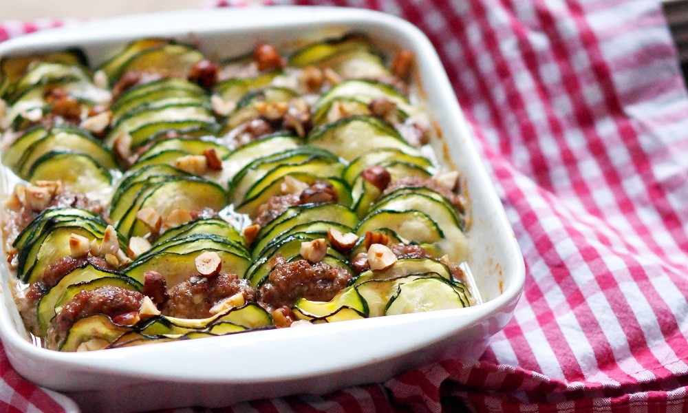 Le gratin de courgettes aux boulette d'agneau terminé et prêt à être dégusté